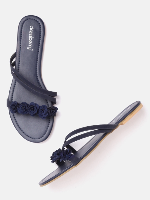 

DressBerry Women Navy Blue Solid Strappy Open Toe Flats with Floral Applique