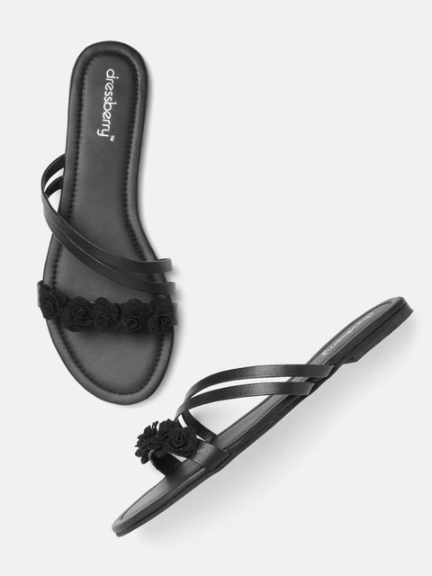

DressBerry Women Black Solid Floral Applique Open Toe Flats