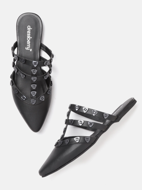 

DressBerry Women Black Solid Mules with Cut-Out & Button Detail