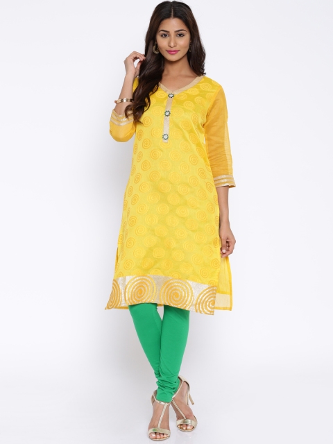 

Aaboli Women Yellow Woven Design Chanderi Straight Kurta