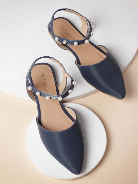

DressBerry Women Navy Blue Solid Flats with Embellished Detail