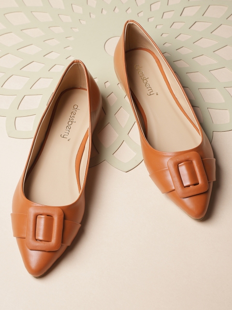 

DressBerry Women Tan Brown Solid Ballerinas with Buckle Detail