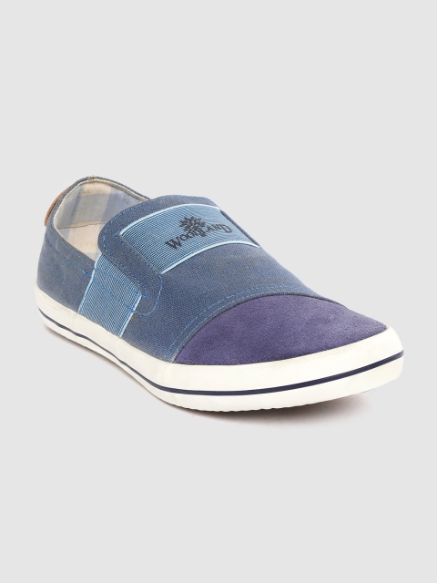 

Woodland Men Navy Blue Solid Slip-On Sneakers with Brand Logo Print Detail