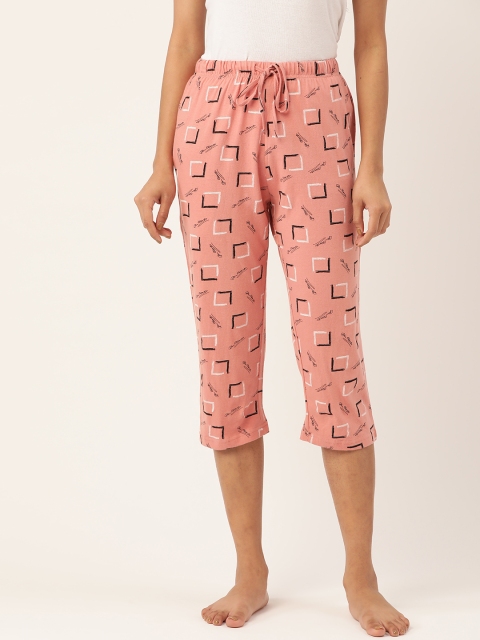 

ETC Women Peach Coloured & Black Printed Pure Cotton Lounge Capris