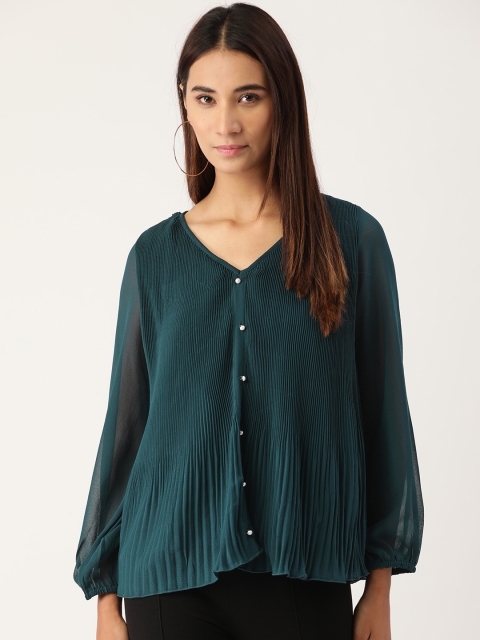 

Antheaa Women Teal Blue Accordion Pleated Solid A-Line Top