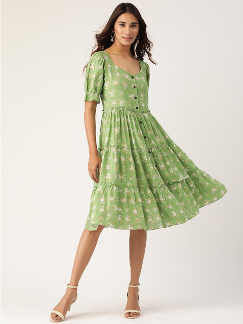 

Antheaa Women Green & White Cotton Floral Print Tiered A-Line Dress