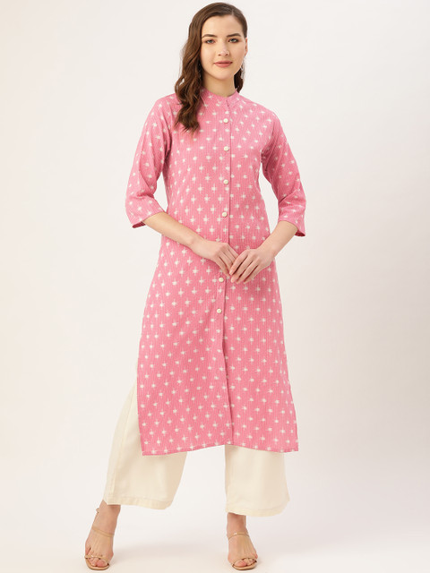 

Kurti's by Menka Women Pink & White Pure Cotton Printed Straight Kurta