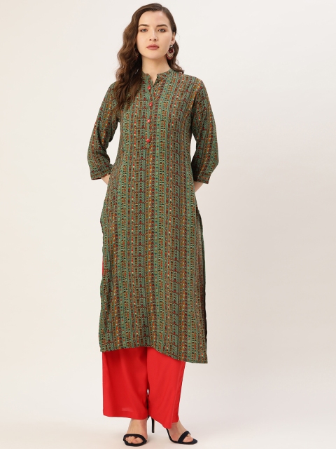 

Kurti's by Menka Women Green & Orange Printed Straight Kurta