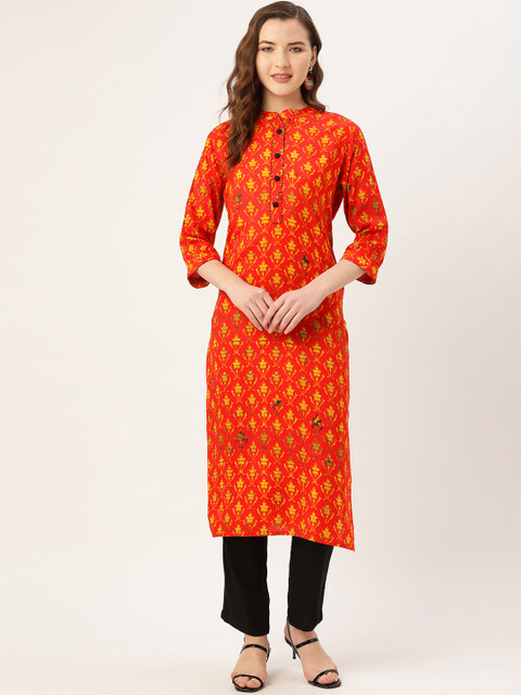 

Kurti's by Menka Women Red & Yellow Printed Straight Kurta