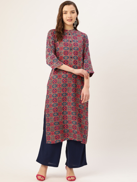 

Kurti's by Menka Women Grey & Pink Printed Straight Kurta