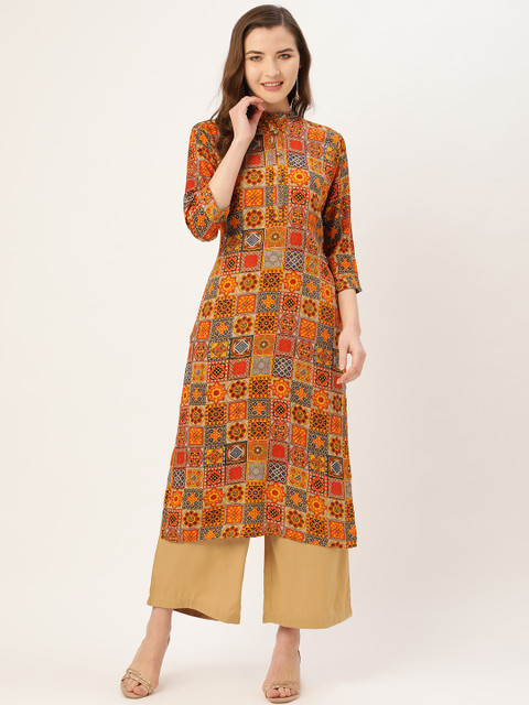 

Kurti's by Menka Women Orange & Beige Printed Straight Kurta