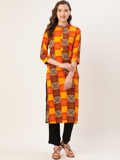 

Kurti's by Menka Women Orange & Yellow Checked Straight Kurta