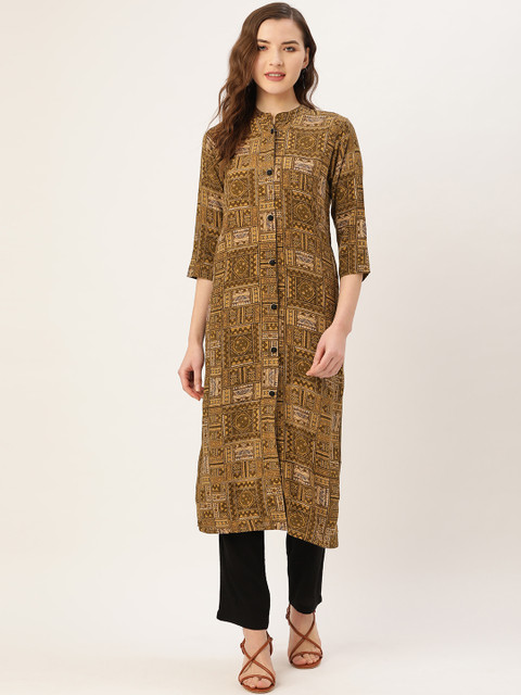 

Kurti's by Menka Women Olive Brown Printed Straight Kurta