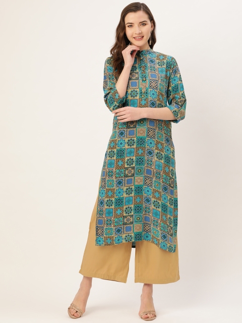 

Kurti's by Menka Women Blue & Beige Printed Straight Kurta