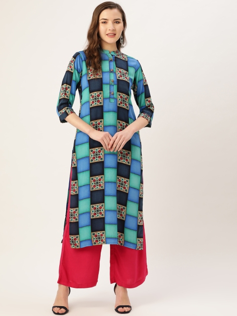 

Kurti's by Menka Women Blue & Green Printed Straight Kurta