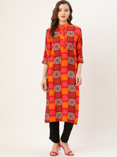 

Kurti's by Menka Women Maroon & Orange Printed Straight Kurta