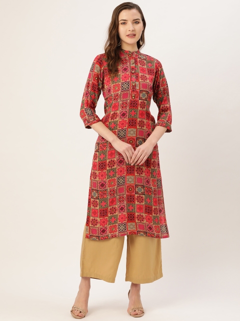 

Kurti's by Menka Women Pink & Beige Printed Straight Kurta