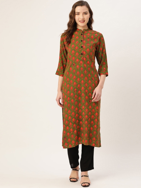 

Kurti's by Menka Women Green & Pink Printed Straight Kurta