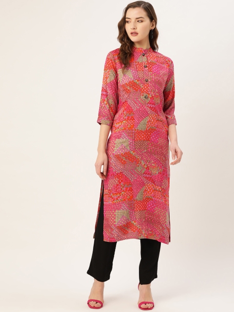 

Kurti's by Menka Women Pink & Orange Printed Straight Kurta