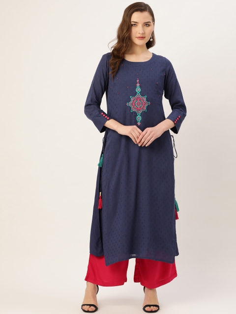 

Kurti's by Menka Women Navy Blue Woven Design Layered Straight Kurta