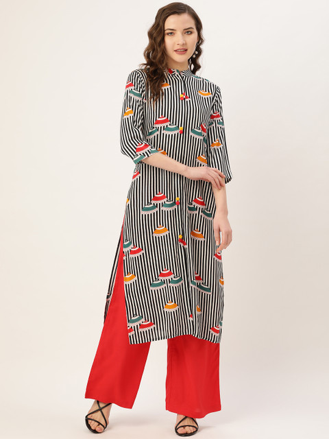 

Kurti's by Menka Women Black & White Striped Straight Kurta