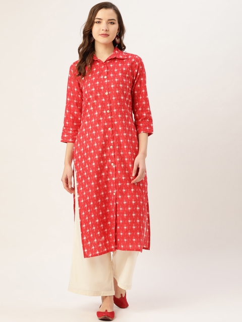 

Kurti's by Menka Women Red & White Pure Cotton Printed Straight Kurta