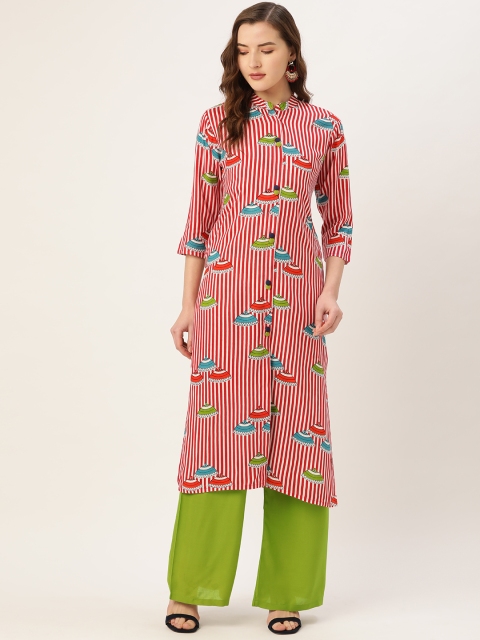 

Kurti's by Menka Women Red & White Striped Straight Kurta