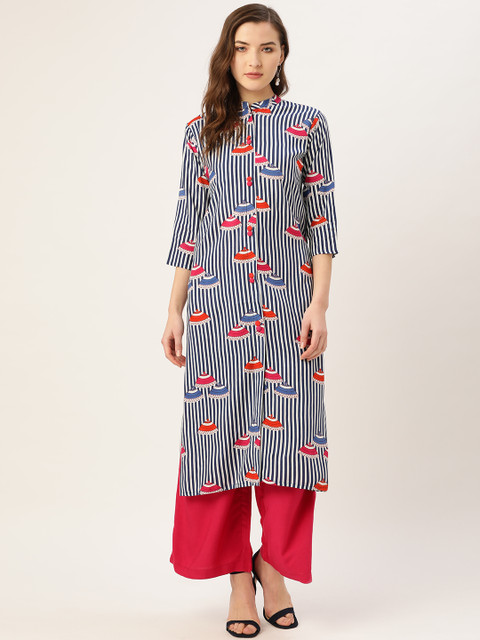 

Kurti's by Menka Women Navy Blue & White Striped Straight Kurta