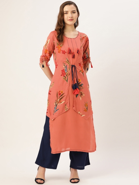 

Kurti's by Menka Women Coral Orange & Navy Blue Floral Print Layered Straight Kurta