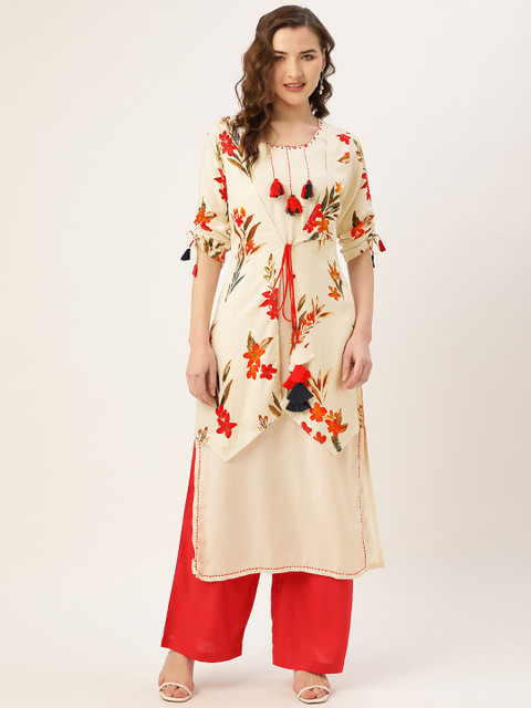 

Kurti's by Menka Women Off-White & Red Floral Printed Straight Kurta With Tie-Ups