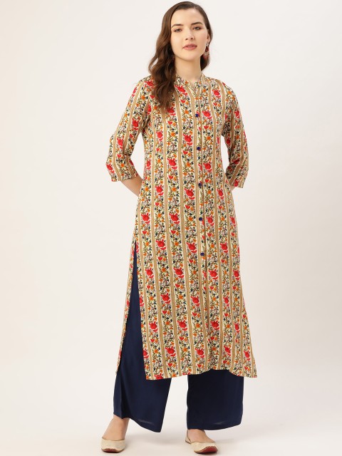 

Kurti's by Menka Women Beige & Red Printed Straight Kurta