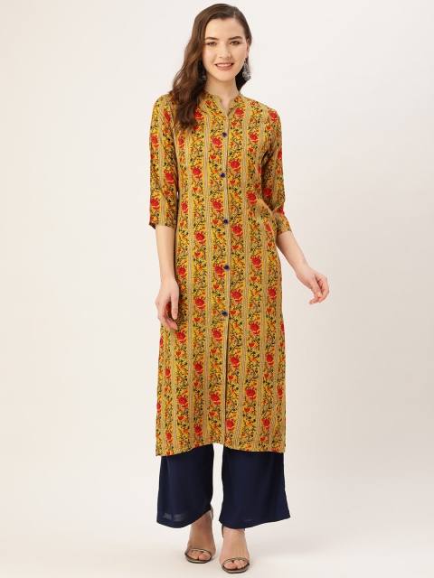 

Kurti's by Menka Women Mustard Yellow & Red Printed Straight Kurta