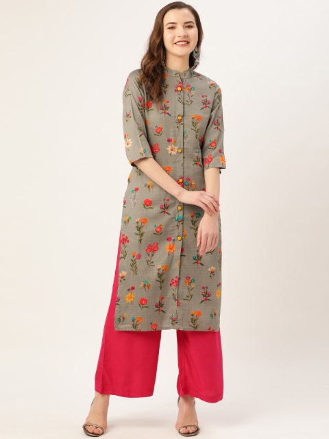 

Kurti's by Menka Women Grey & Orange Floral Printed Straight Kurta