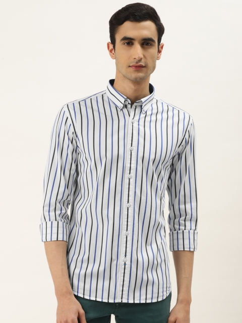 

RED & BLUE Men White & Black Slim Fit Striped Pure Cotton Casual Shirt