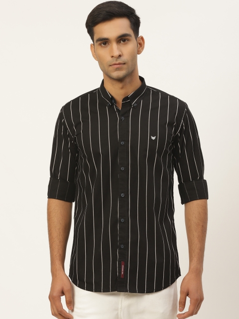 

RED & BLUE Men Black & White Pure Cotton Knitted Slim Fit Striped Casual Shirt