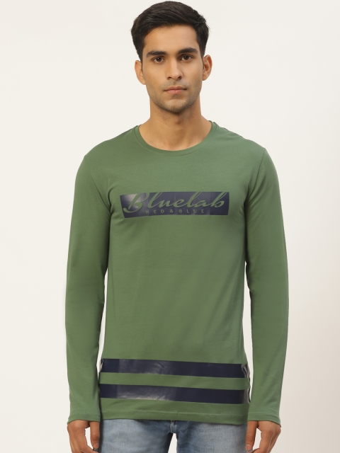 

RED & BLUE Men Green Solid Pure Cotton Round Neck T-shirt