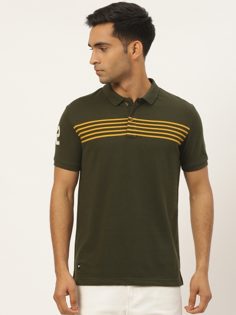 

RED & BLUE Men Olive Green Striped Polo Collar T-shirt