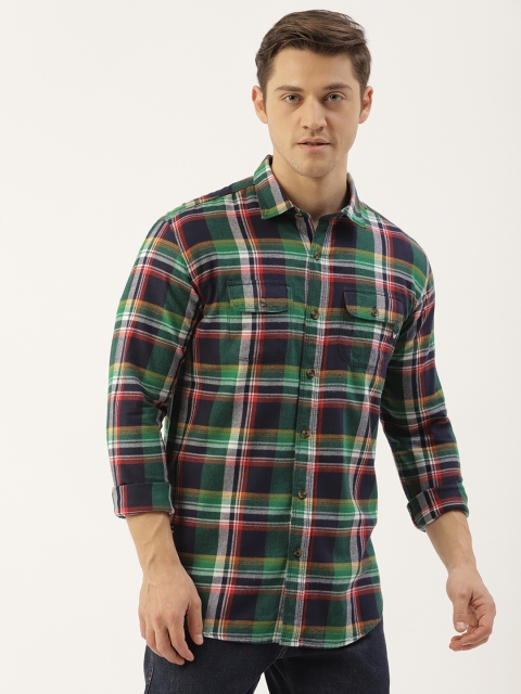 

RED & BLUE Men Green & Blue Slim Fit Pure Cotton Checked Casual Shirt