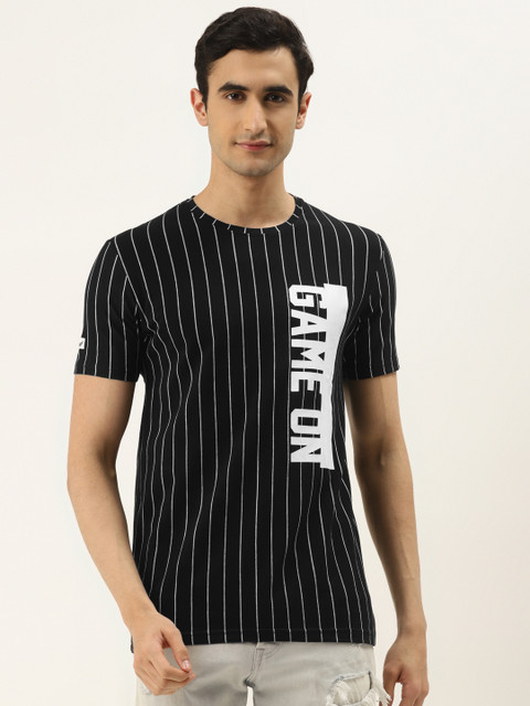

RED & BLUE Men Black & White Striped Round Neck T-shirt