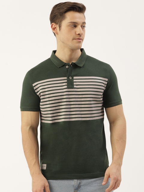 

RED & BLUE Men Olive Green & Grey Striped Polo Collar T-shirt