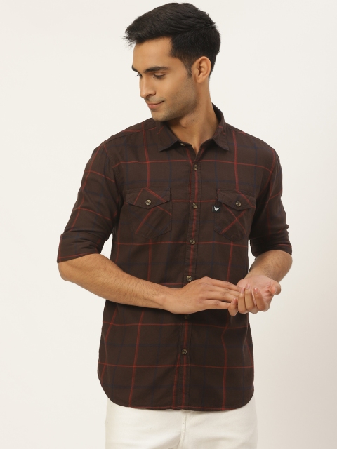 

RED & BLUE Men Coffee Brown & Navy Blue Pure Cotton Slim Fit Checked Casual Shirt