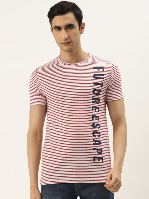 

RED & BLUE Men White & Maroon Striped Round Neck T-shirt