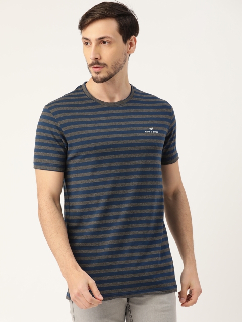 

RED & BLUE Men Navy Blue & Charcoal Grey Pure Cotton Striped Round Neck T-shirt