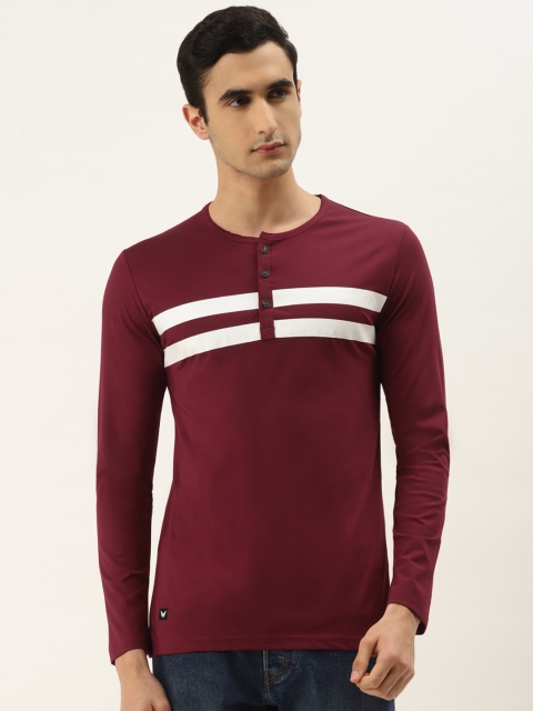 

RED & BLUE Men Maroon & White Striped Henley Neck T-shirt