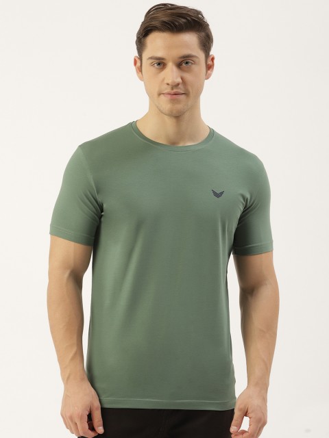 

RED & BLUE Men Green Pure Cotton Solid Round Neck T-shirt