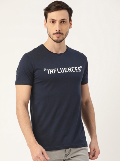 

RED & BLUE Men Navy Blue Pure Cotton Printed Detail Round Neck T-shirt