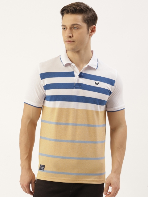 

RED & BLUE Men White & Beige Striped Polo Collar T-shirt