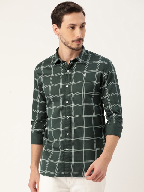 

RED & BLUE Men Olive Green & White Slim Fit Pure Cotton Checked Casual Shirt