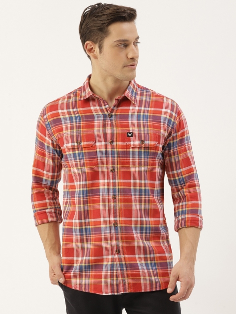 

RED & BLUE Men Orange & Off-White Slim Fit Checked Casual Shirt