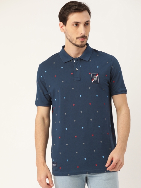 

RED & BLUE Men Navy Blue Pure Cotton Printed Polo Collar T-shirt